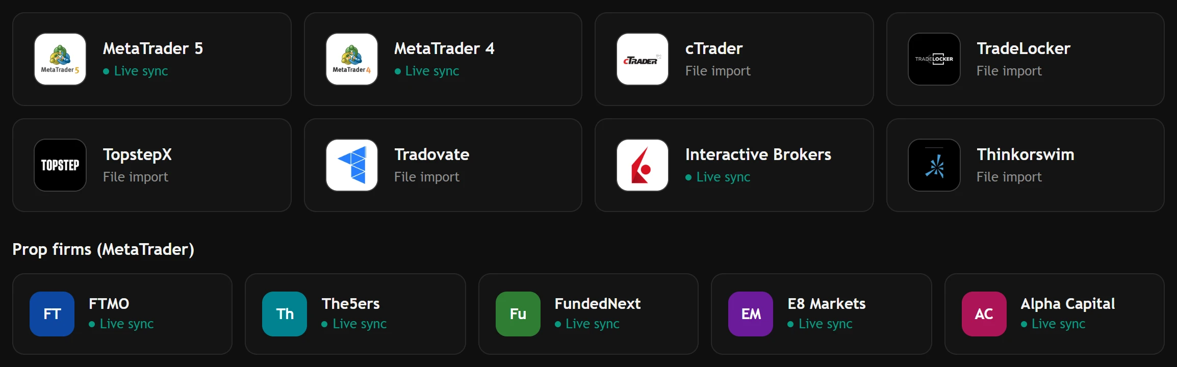 Import: MetaTrader 5 and 4, Interactive Brokers and other platforms as tiles, with the prop firms below.